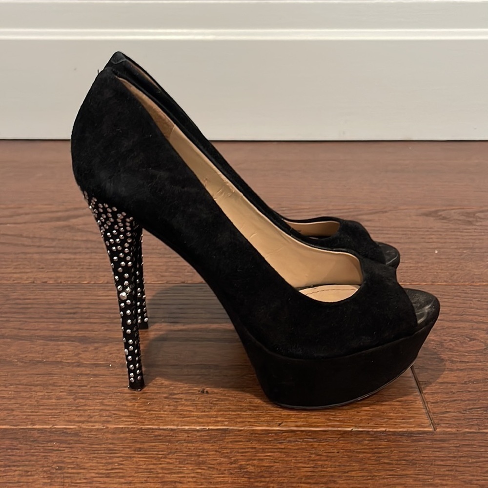 PARIS Hilton Women’s Black Suede Peep Toe Platform Pump Size 8.5 - Picture 4 of 6